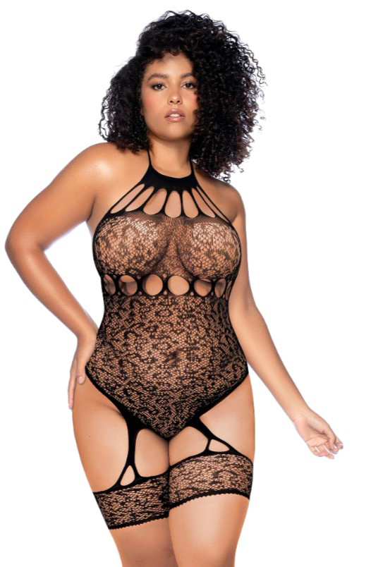 leopard halter fishnet bodysuit curve os black