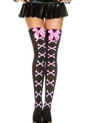 cross bone and satin bow opaque thigh hi one size black / pink cross bone and satin bow opaque thigh hi one size black / pink