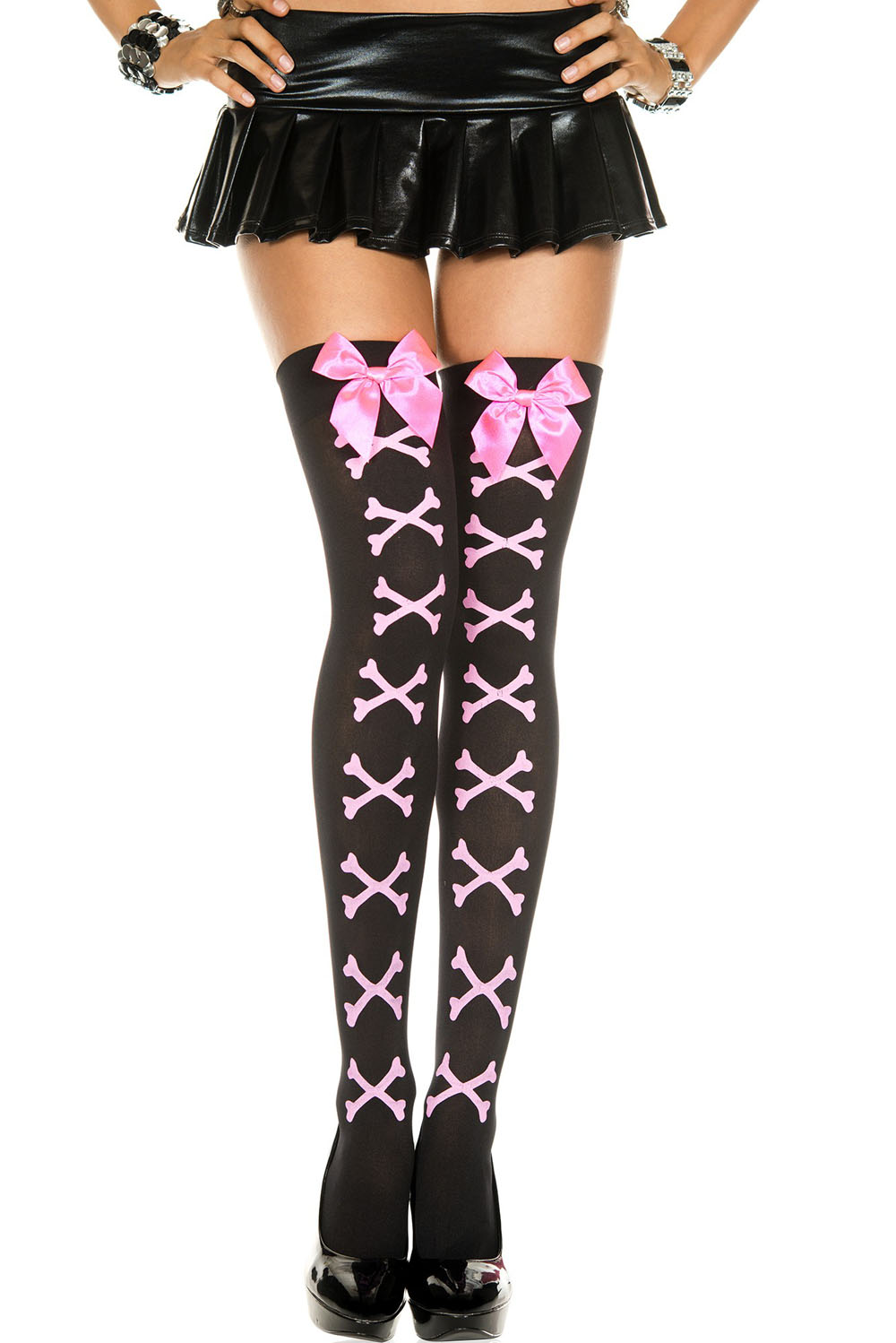 cross bone and satin bow opaque thigh hi one size black / pink