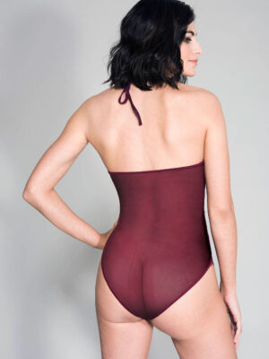 high neck scalloped trim lace teddy with sheer back one size burgundy