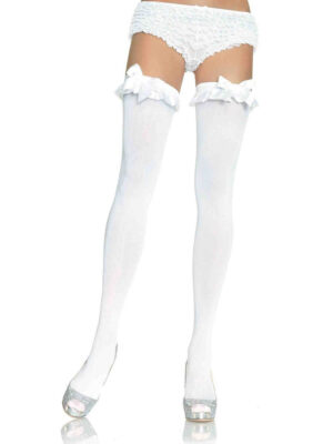 opaque thigh highs with satin ruffle trim and bow one size white opaque thigh highs with satin ruffle trim and bow one size white