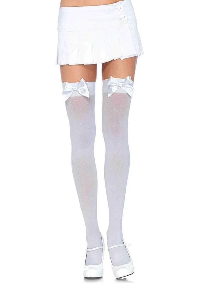 opaque thigh highs with satin bow accent one size white