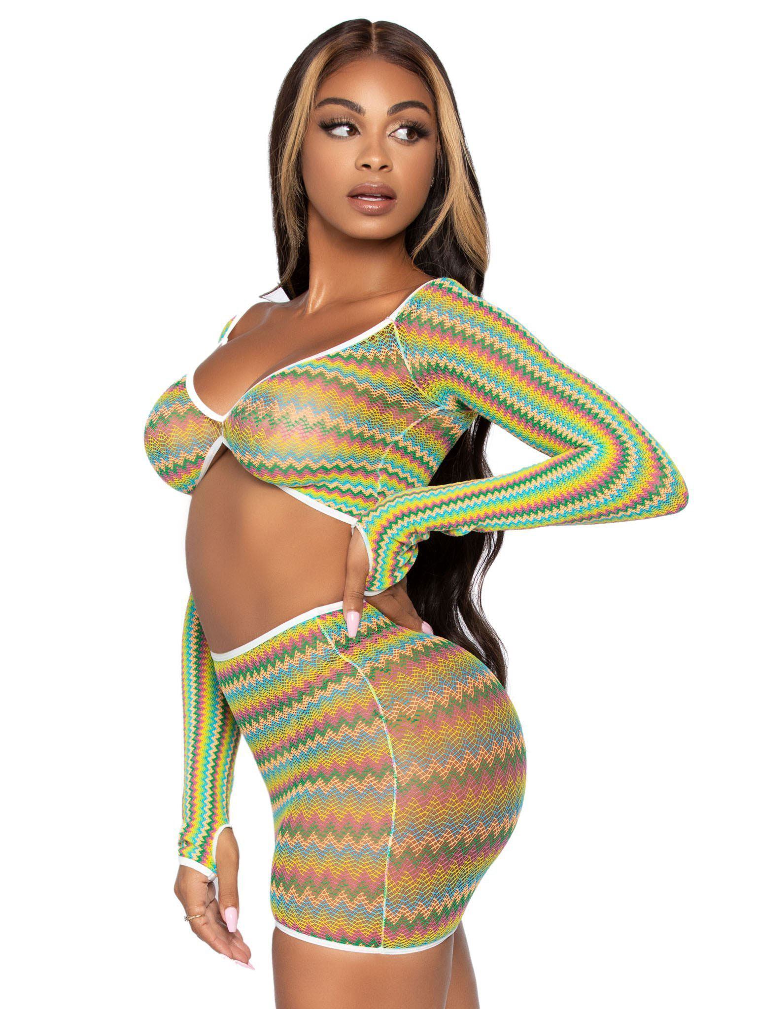 2 pc zig zag net crop top and mini dress one size green