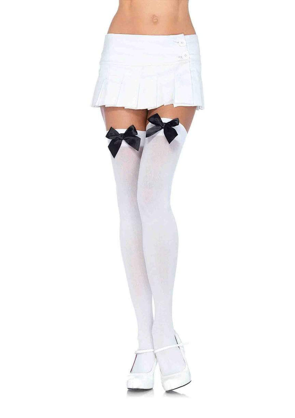 nylon thigh highs with bow one size white / black