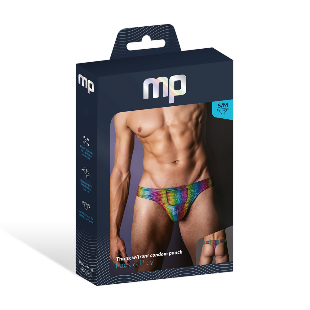 pack and play thong with front condom pouch s/m rainbow