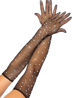rhinestone fishnet long gloves black