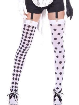 diamond design and polka dot harlequin thigh hi white / black diamond design and polka dot harlequin thigh hi white / black