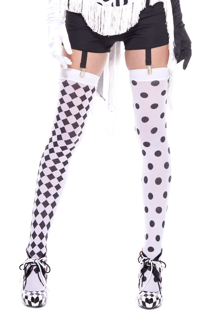 diamond design and polka dot harlequin thigh hi white / black
