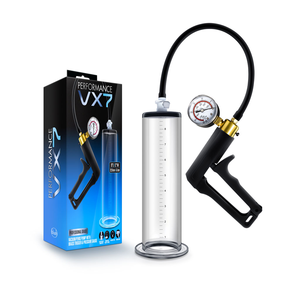 performance vx7 vacuum penis pump with brass trigger & pressure gauge clear