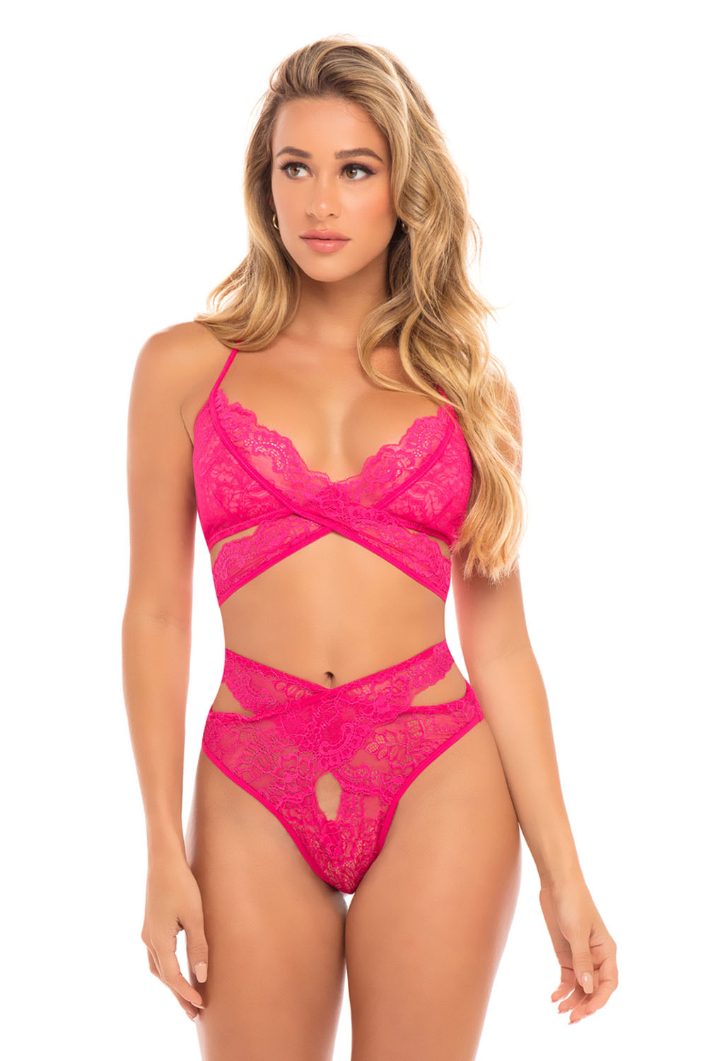 cut out galloon lace bra set bright rose l/xl