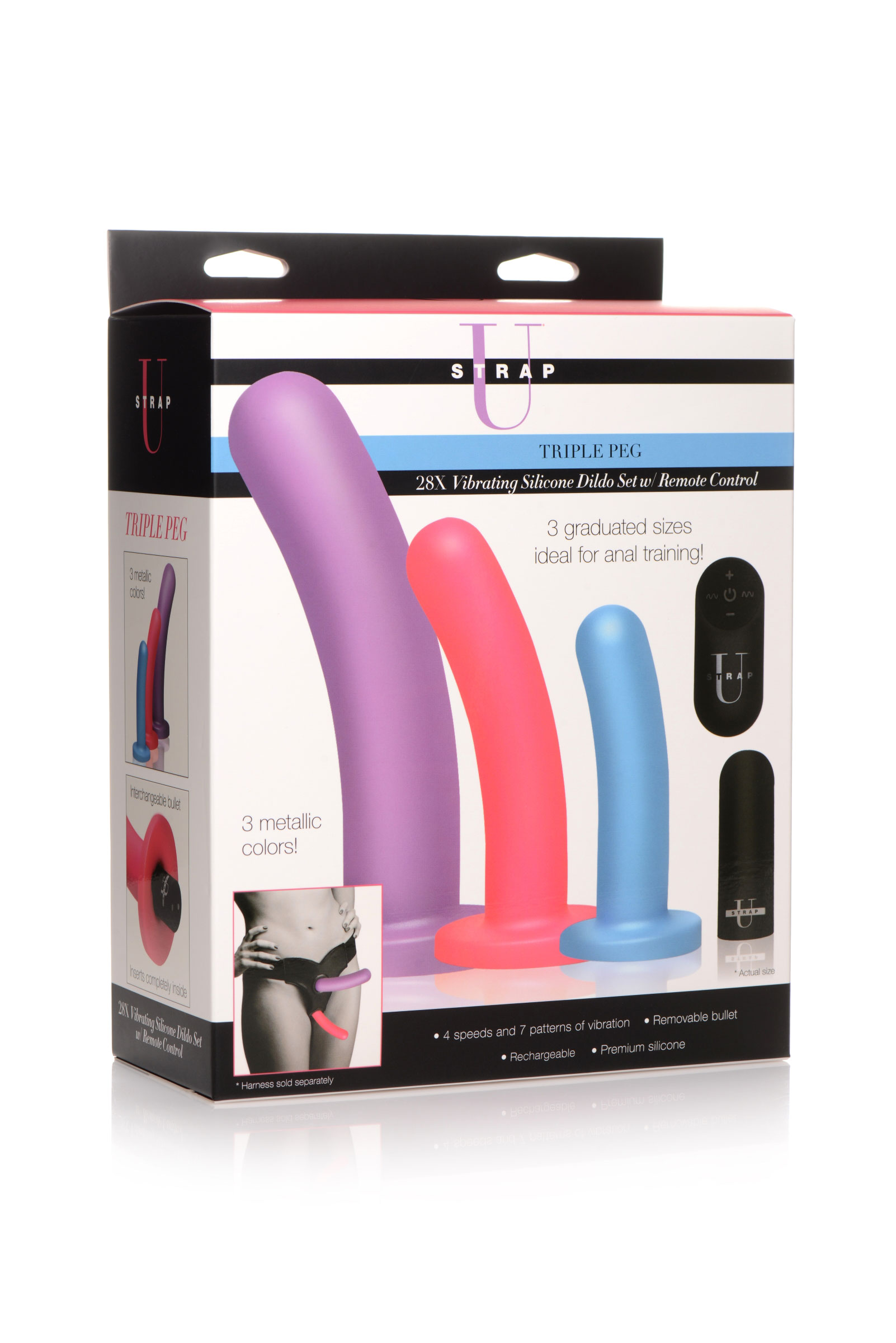 triple peg 28x vibrating silicone dildo set with remote
