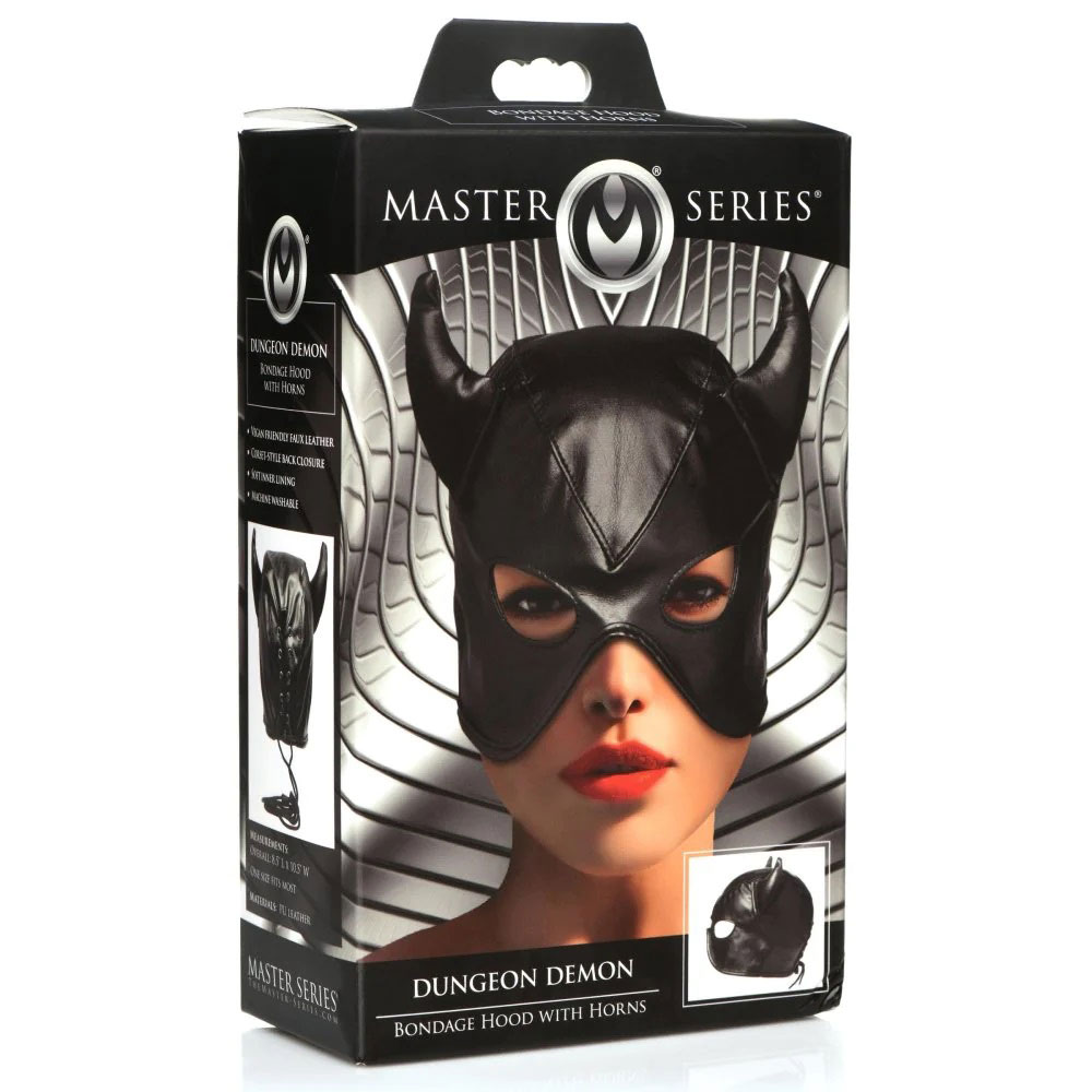dungeon demon bondage hood with horns black