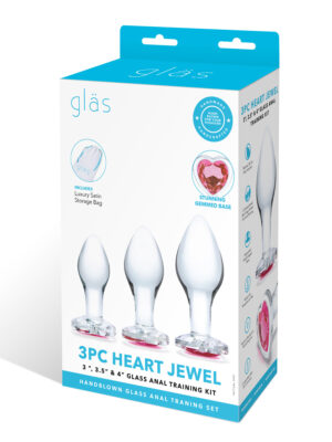 3 pc heart jewel glass anal training kit clear/pink