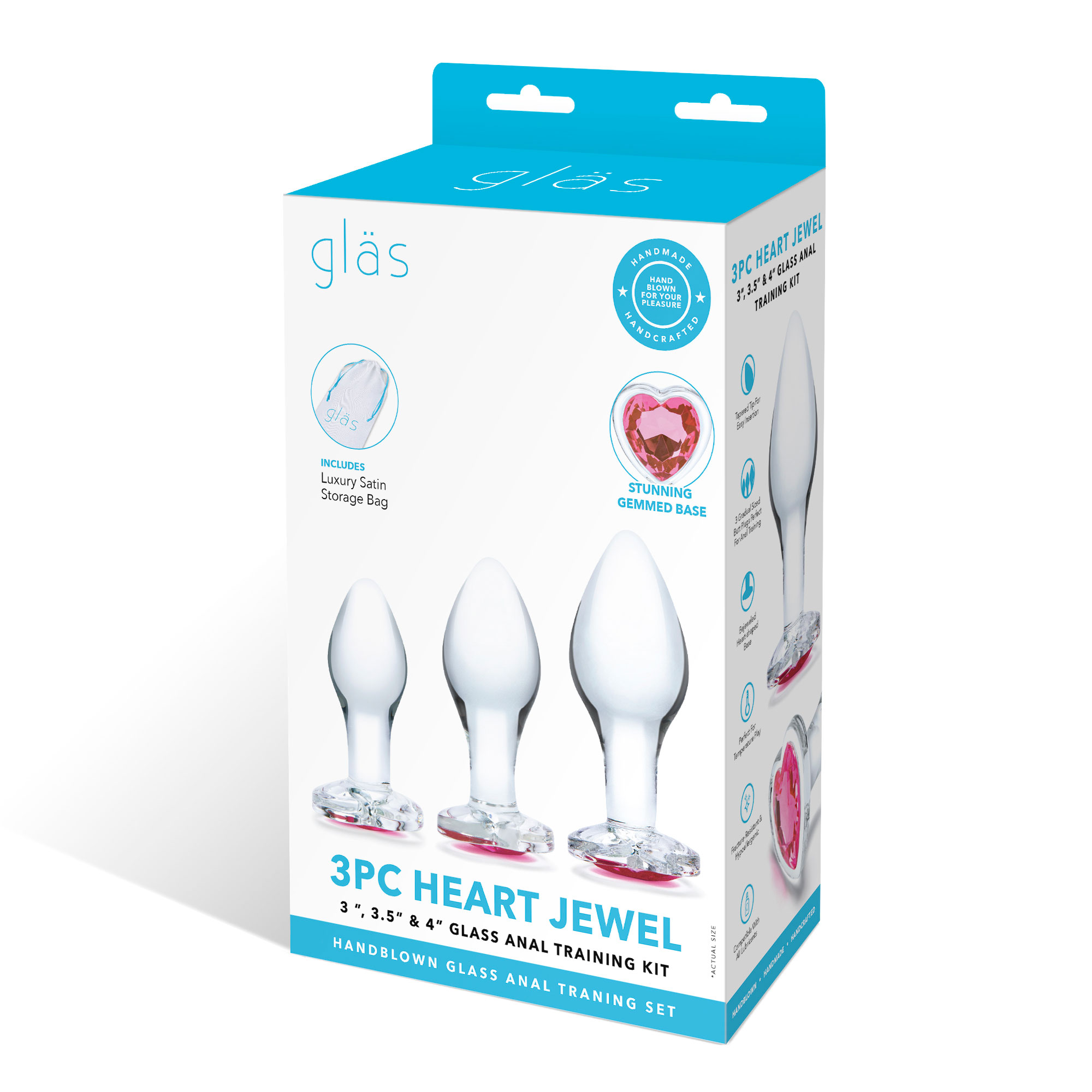 3 pc heart jewel glass anal training kit clear/pink