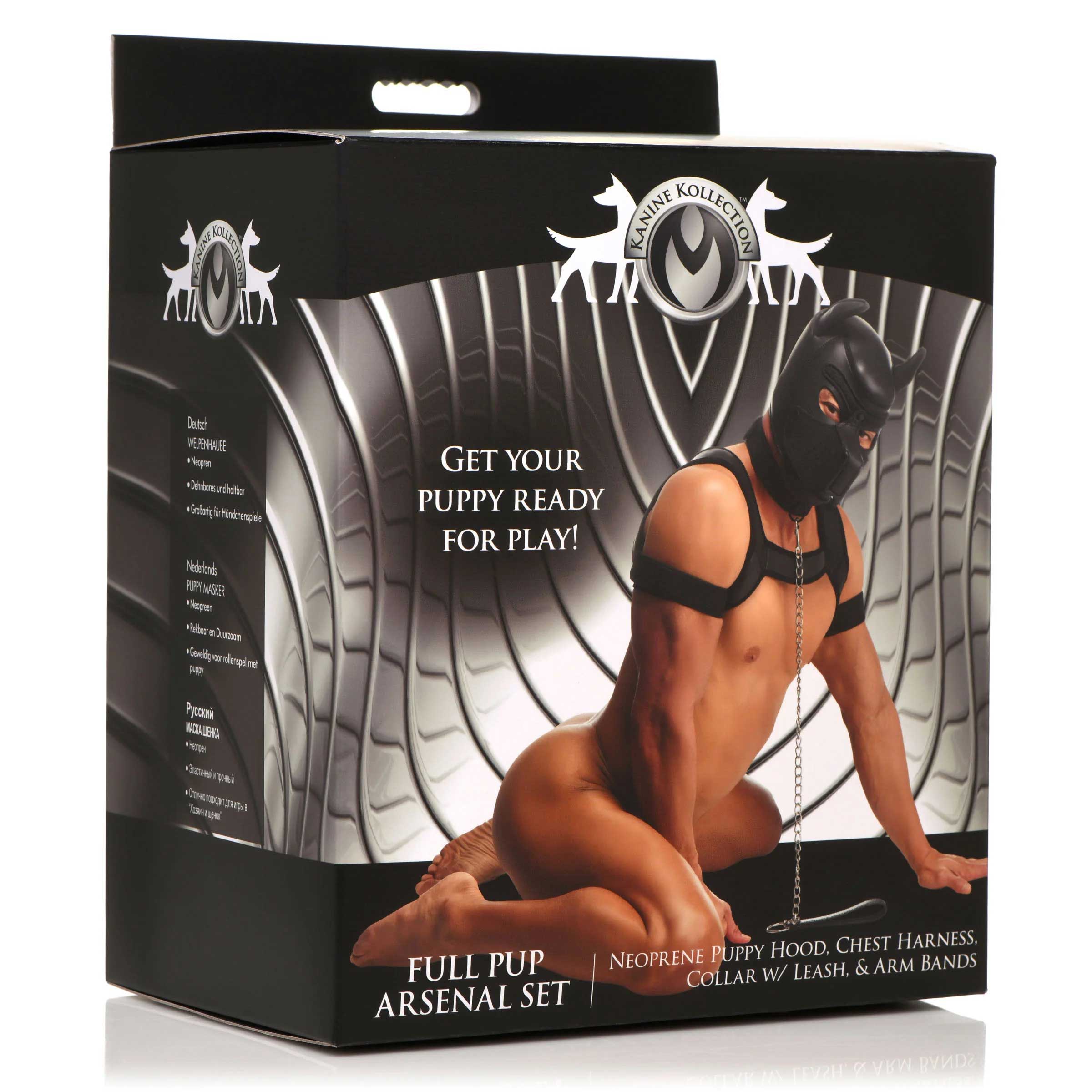 full pup arsenal set neoprene puppy hood, chest harness, collar with leash and arm band black