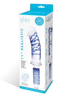 11 inch realistic double ended glass dildo with handle blue/clear
