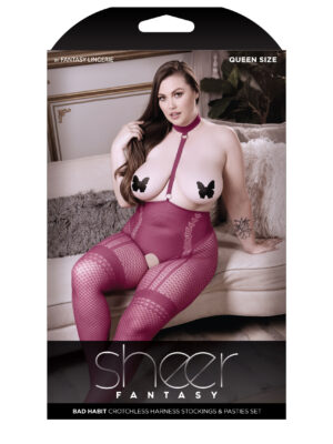 bad habit crotchless harness stockings and pasties set queen size magenta