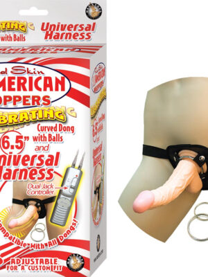 all american whoppers vibrating 6.5 inch dong with universasl harness flesh
