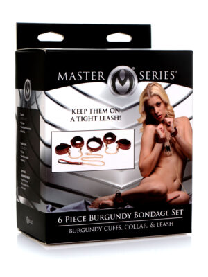 6 piece burgundy bondage set burgundy cuffs, collar and leash