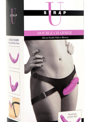 double charmer silicone double dildo with harness purple