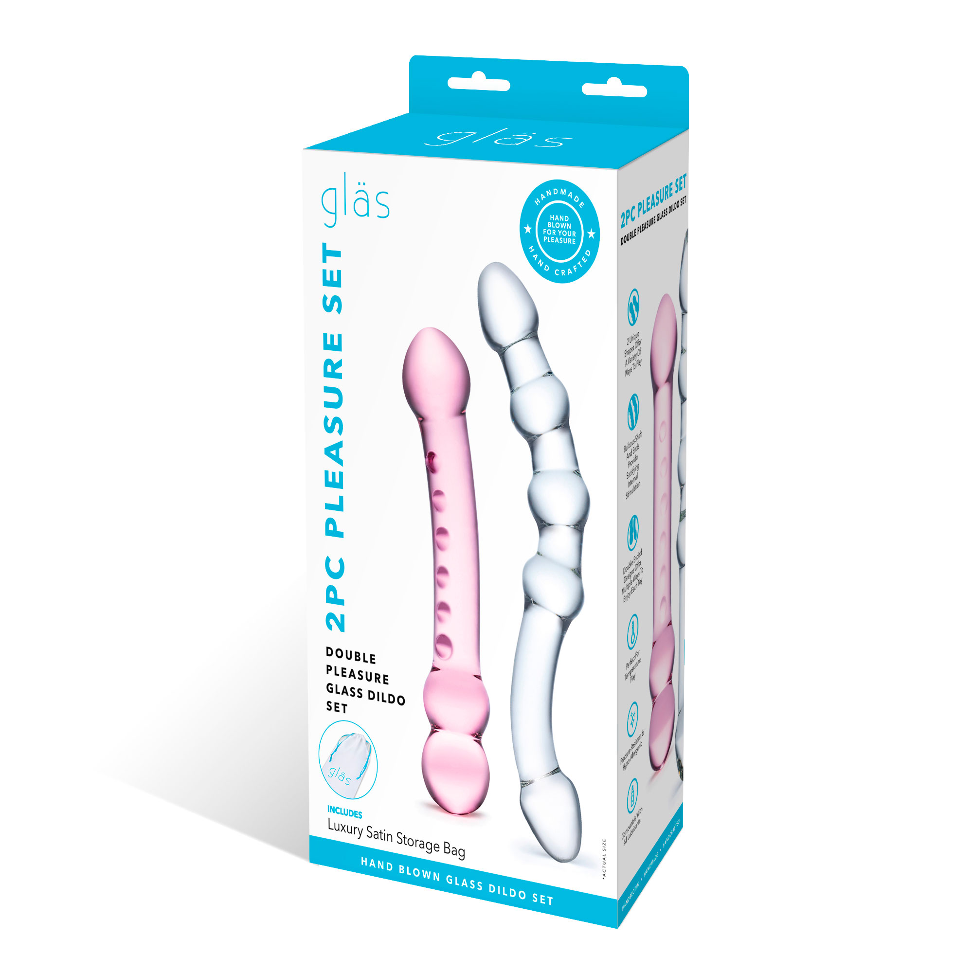 2 pc double pleasure glass dildo set pink/clear